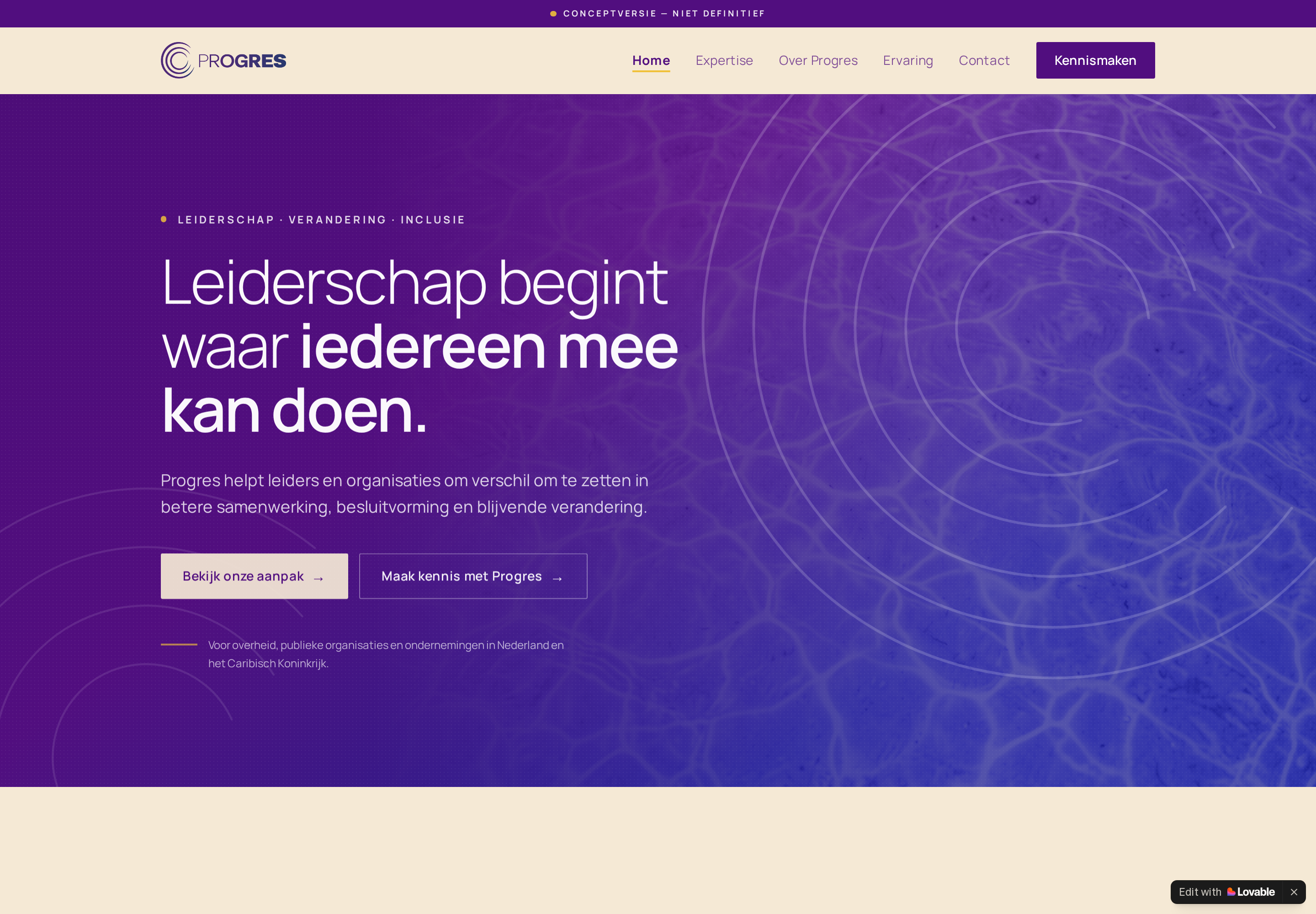 Desktop view of the Progres Advies website with its purple leadership and inclusion homepage