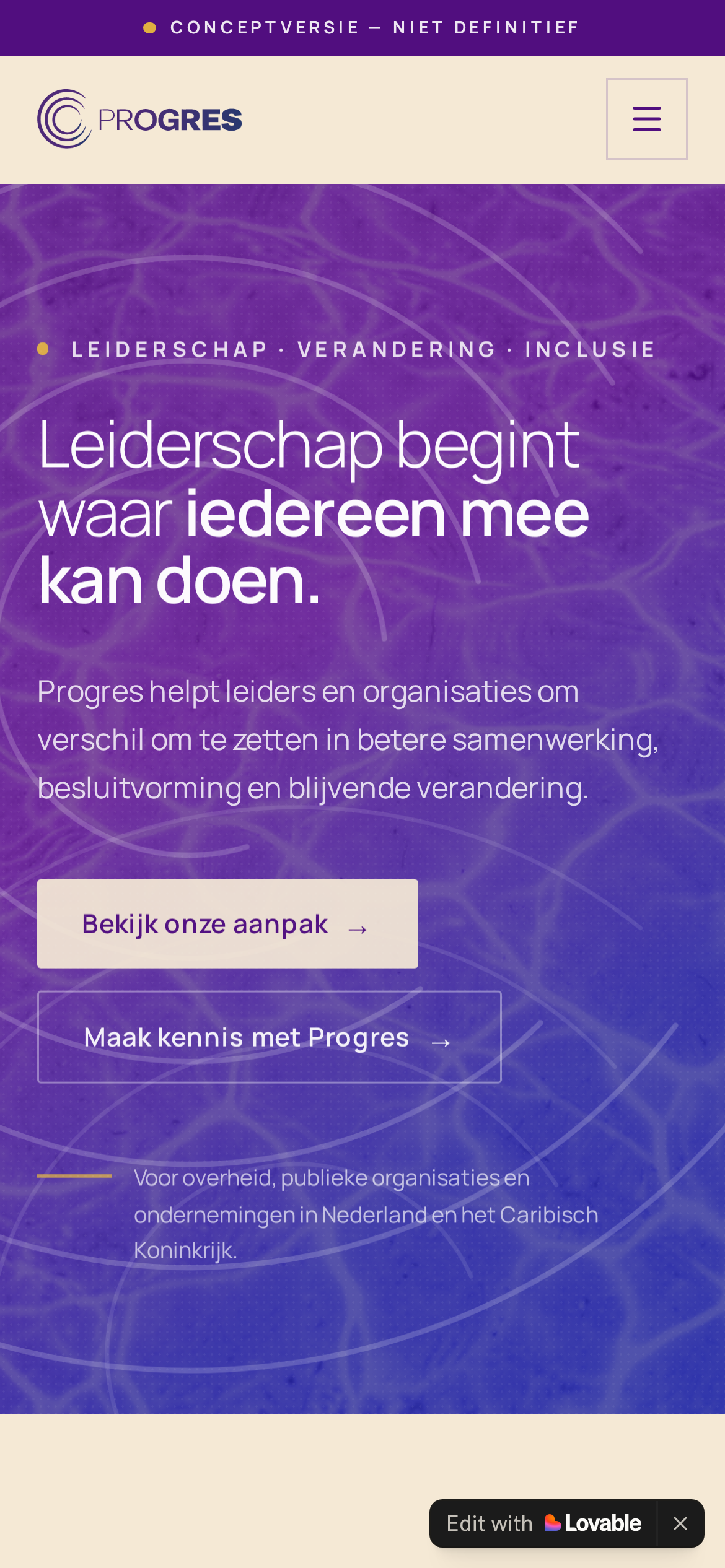 Actual mobile homepage of Progres Advies