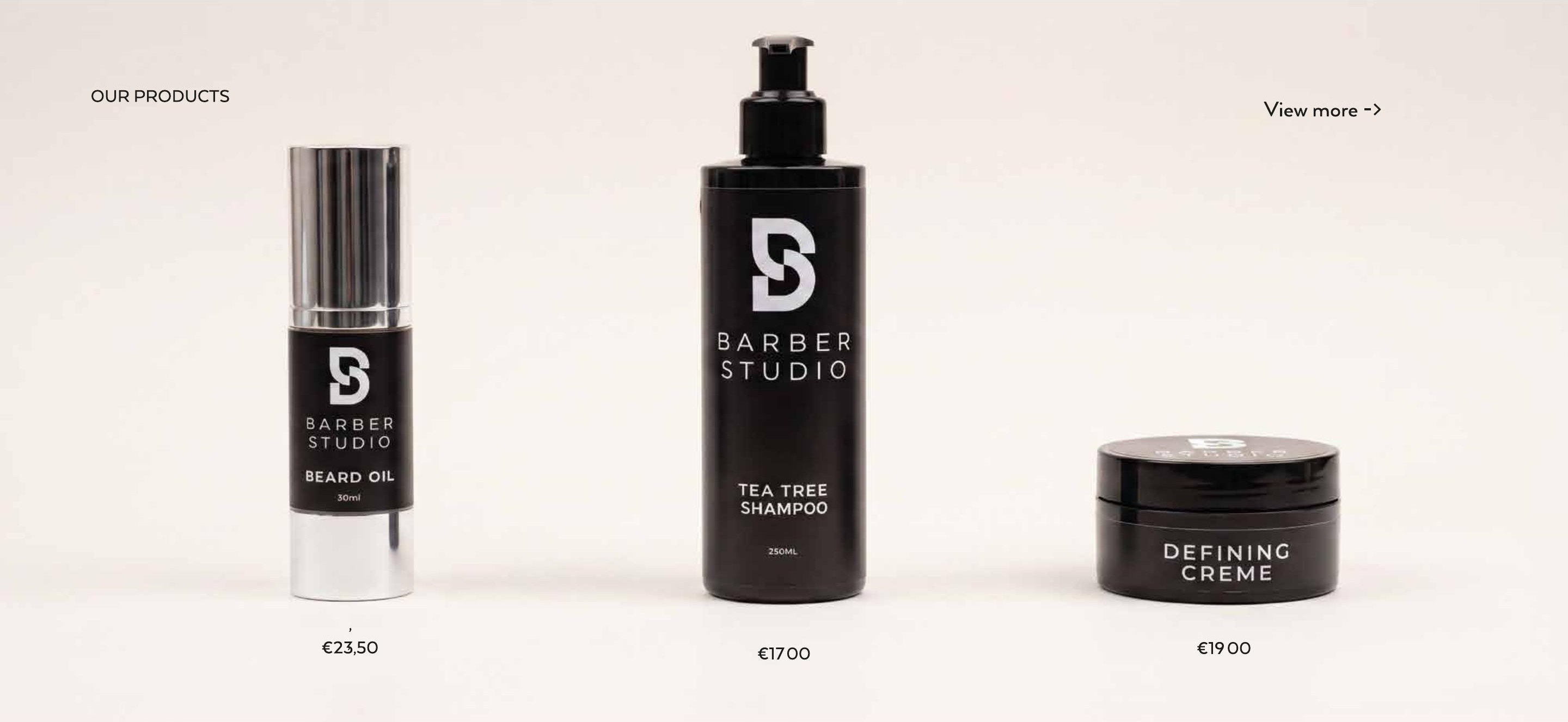 Our products: Barberstudio beard oil €23,50, tea tree shampoo €17,00 and defining creme €19,00