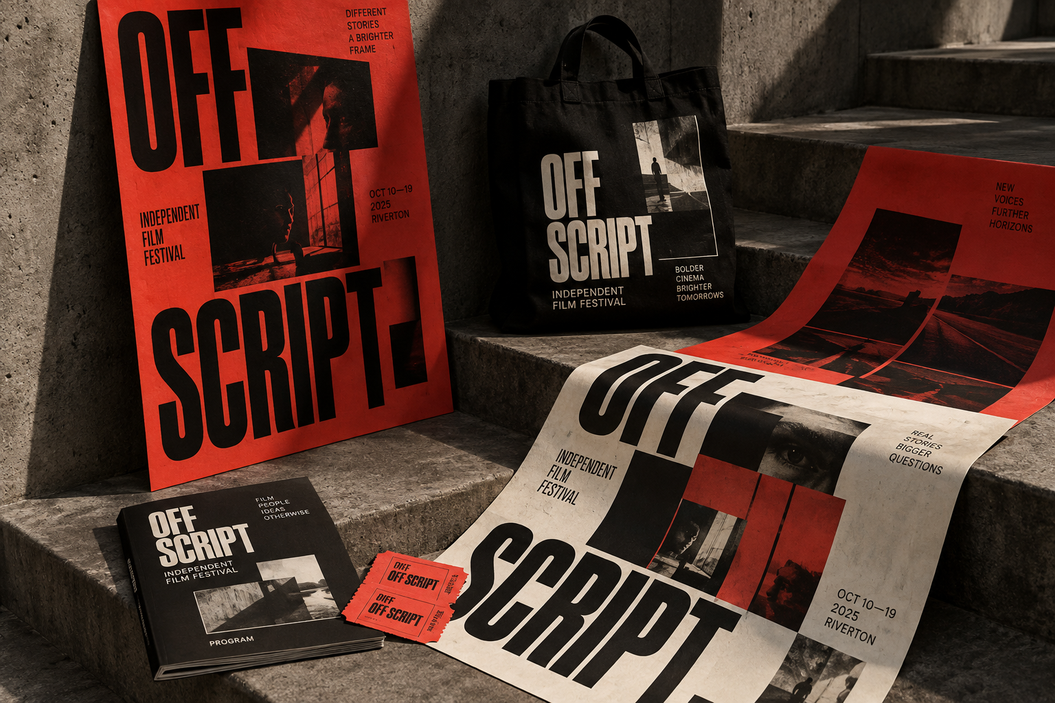 Off Script film festival identity on posters, programme and tickets