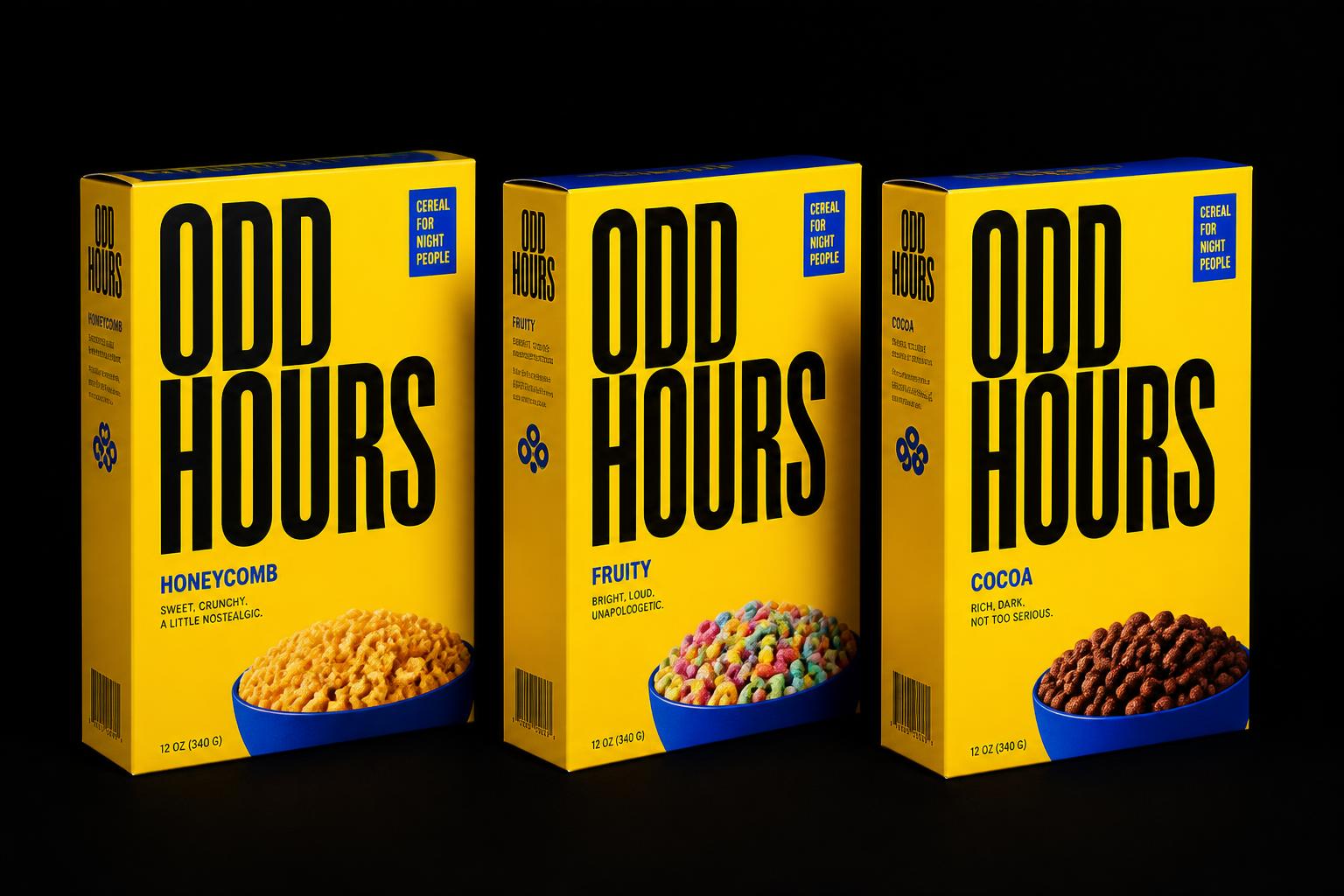 Three Odd Hours cereal boxes in yellow and cobalt on a black backdrop