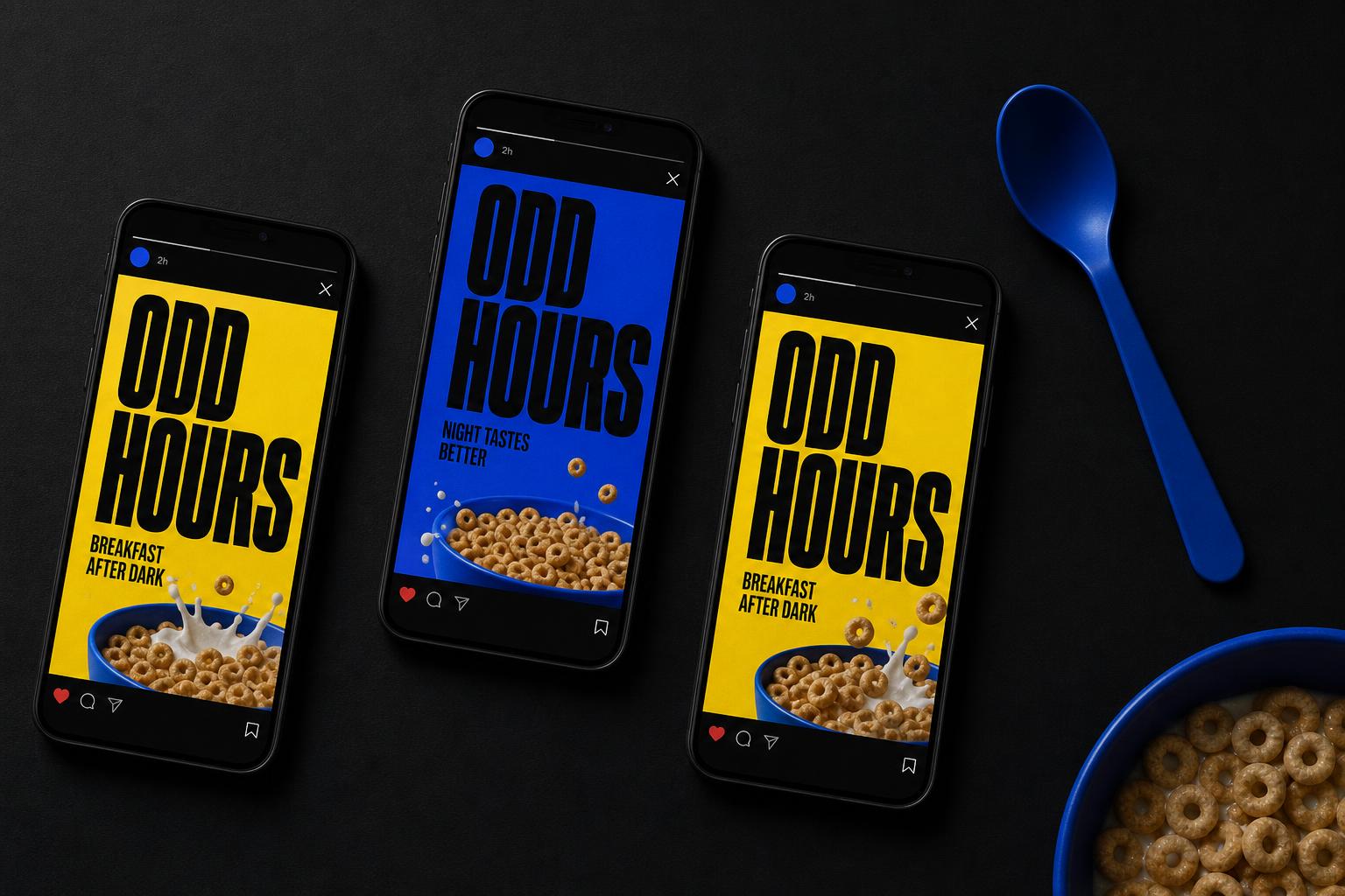Three phone screens showing Odd Hours social posts