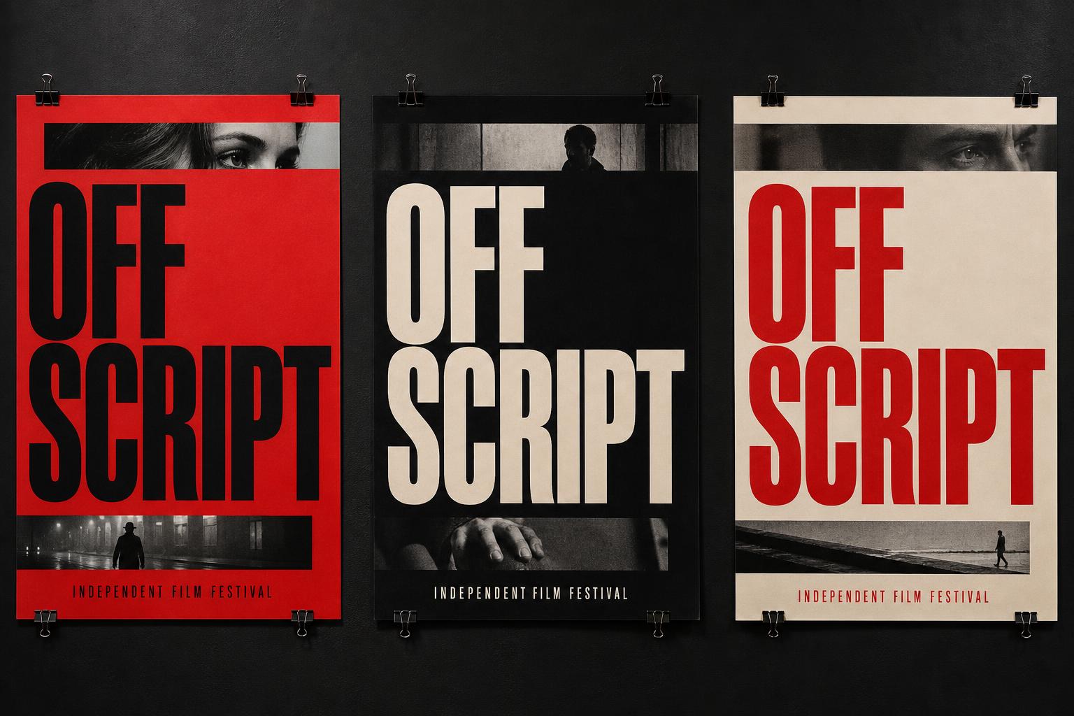 Three Off Script posters in red, black and ivory