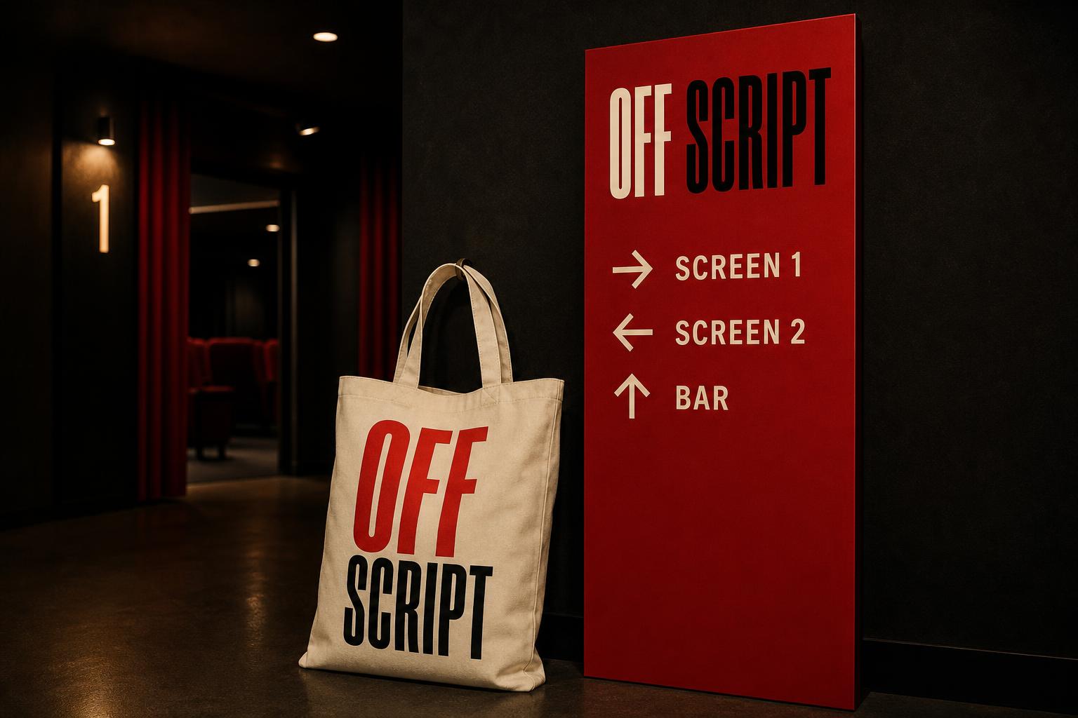 Off Script tote bag beside red foyer wayfinding signage
